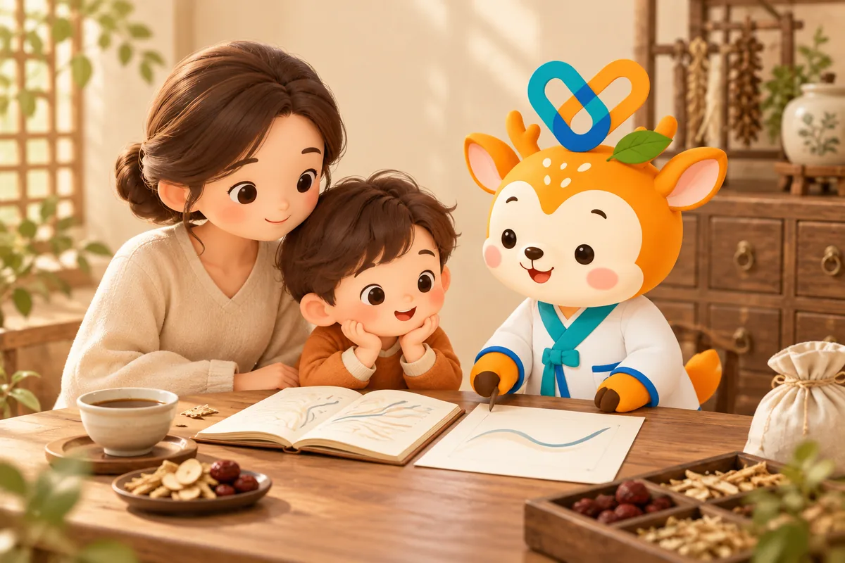 보호자와 아이가 성장 기록 수첩을 함께 보며 첫 상담을 받는 일러스트