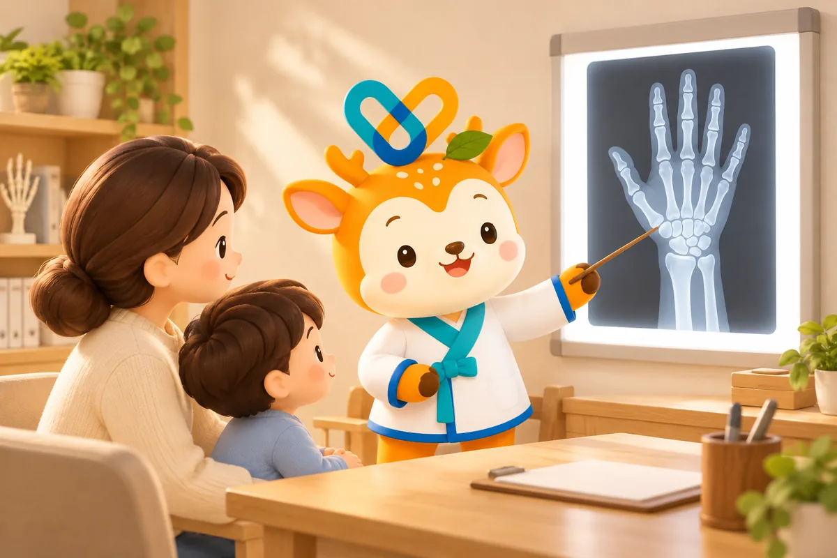 손과 손목 X선 사진을 보며 골연령 검사를 설명하는 일러스트